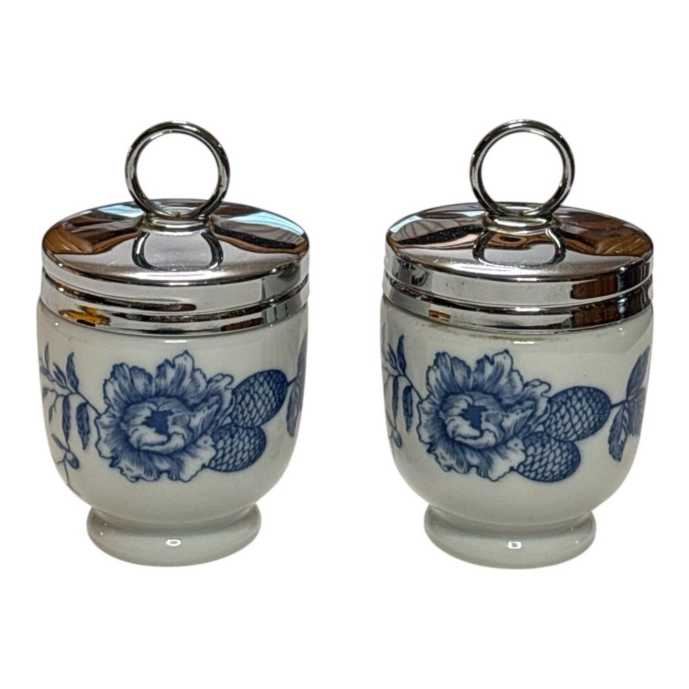 Pair Of Royal Worcester England Rhapsody Blue Floral Egg Coddler Cups 2.75”